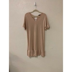 MASSIMO DUTTI cream pink short sleeve ruffle contemporary minimal midi dress M